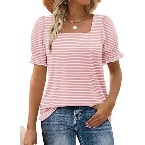 Womens Summer Square Neck T Shirt Ruffle Sleeve Casual Tops Cute Flattering Tee - Picture 5 of 5